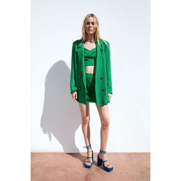 Zara Textured Double Breasted Blazer Coat Jacket Gold Button Green Plaid Large - Picture 2 of 16